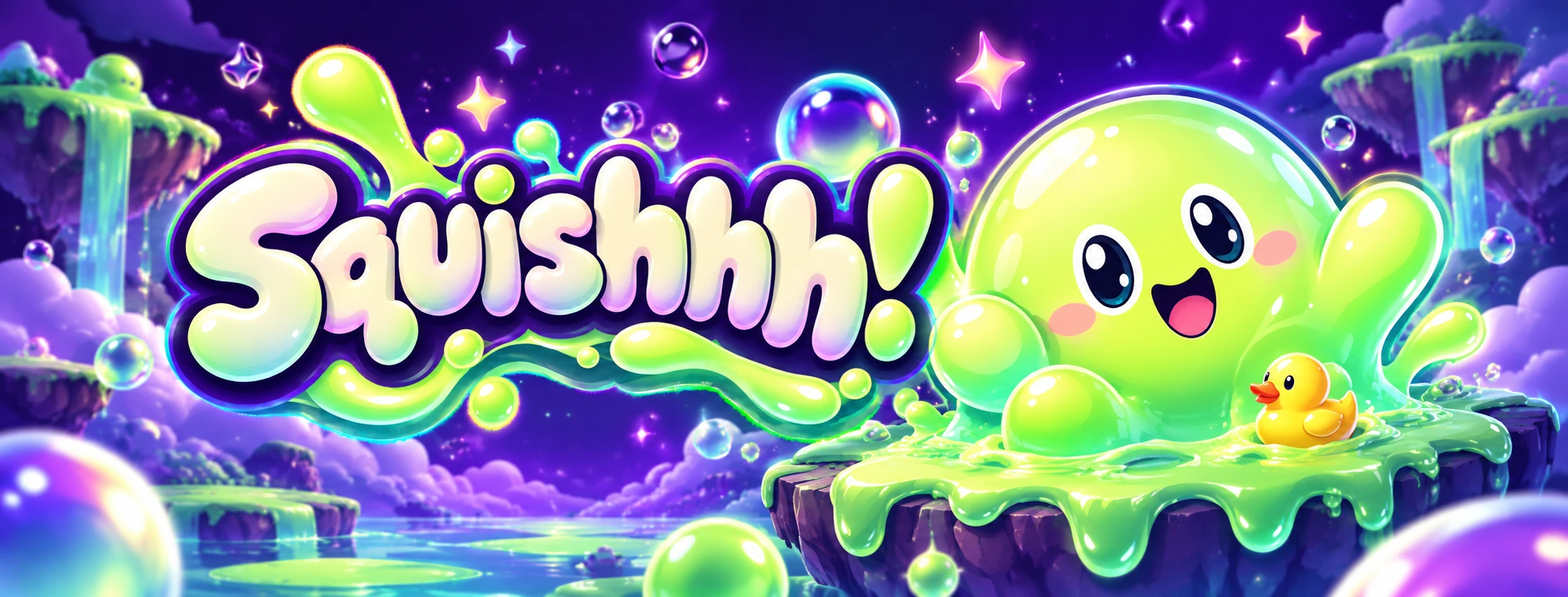 The lime-green Squishhh hero and a rubber duck in a colourful world